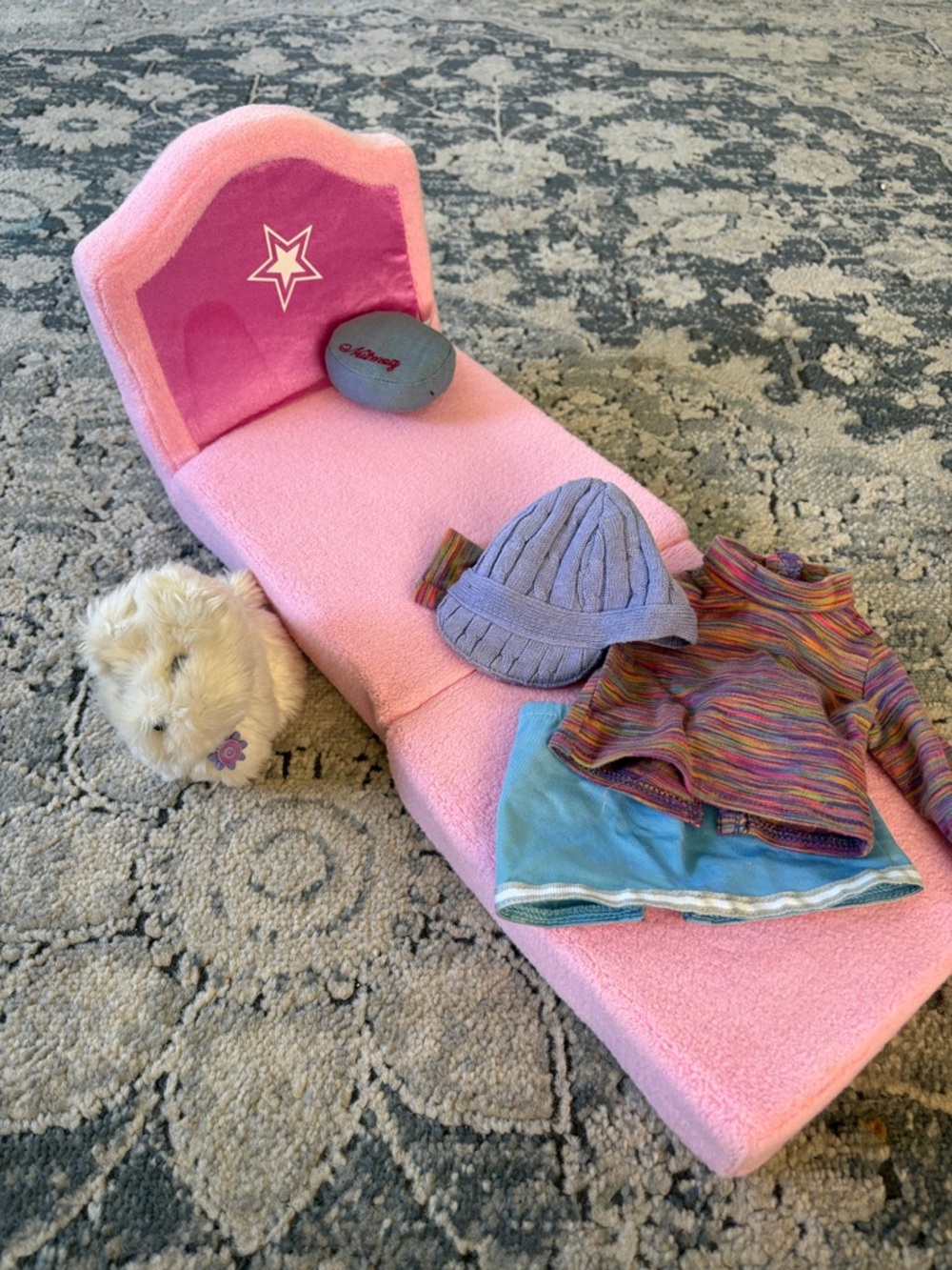 American girl, doll, coconut, dog Pink Plush Doll Bed with Accessories